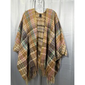 Chevron Knit Shawl Wrap Womens One Size Multicolor Fringe Boho Poncho Ruana